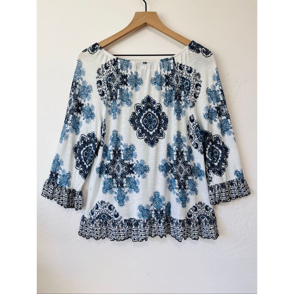 INC International Concepts White Blouse with Blue Medallion Print - Picture 2 of 4